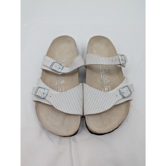 Birkenstock Birki's Aziza Sandal White and Gray Stripe Two Strap Buckle 7 EU 38 - Picture 8 of 8